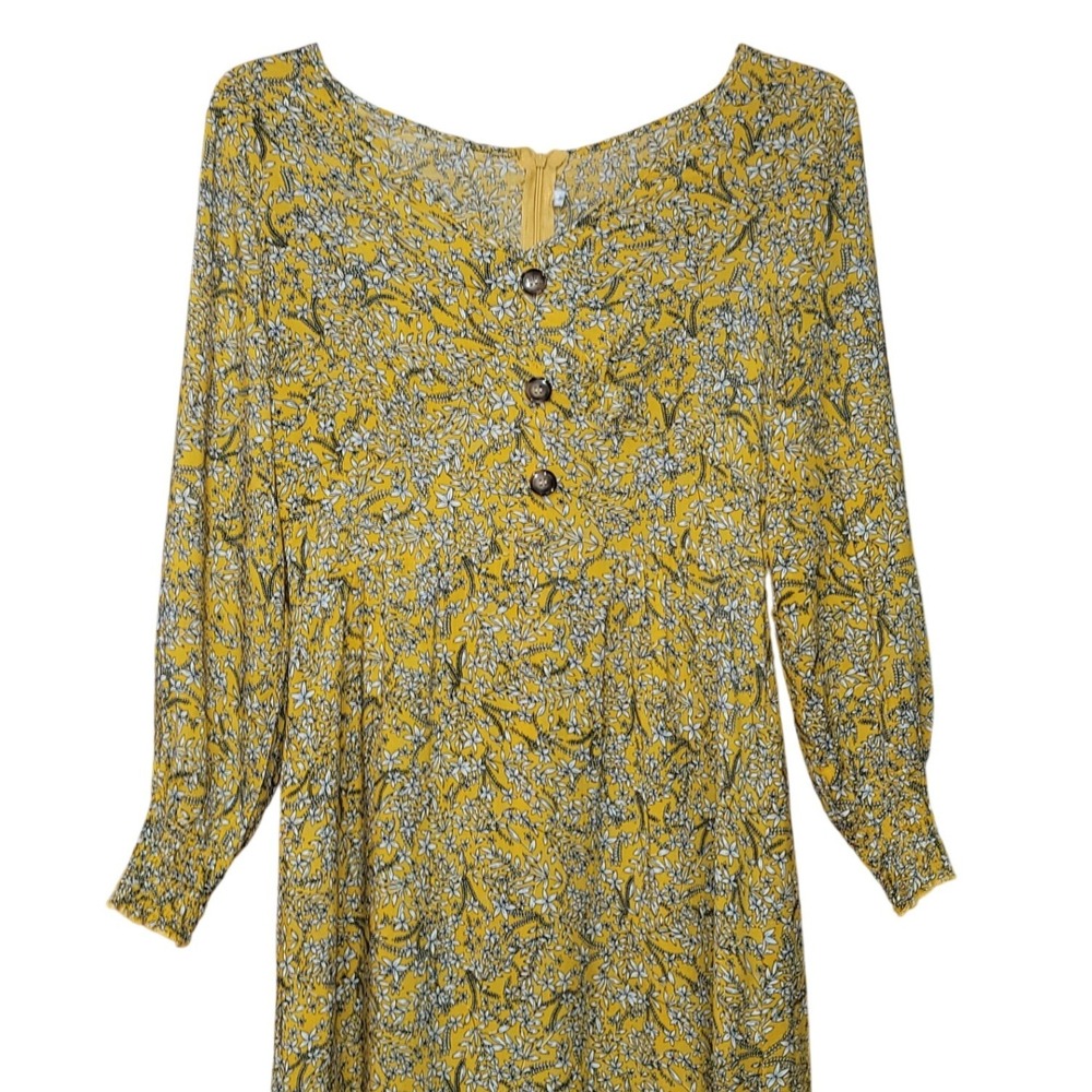 Women's Maxi Yellow Dress Cotton Blend S Boho Floral Prairie Cottage Puff Sleeve - Picture 4 of 14
